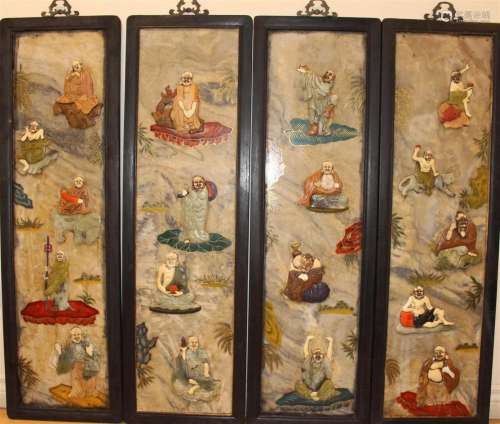 A Set of Chinese 18-lohan Story-telling Wooden Pannels