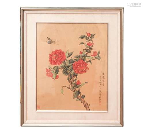 A FRAMED CHINESE PAINTING OF FLOWERS