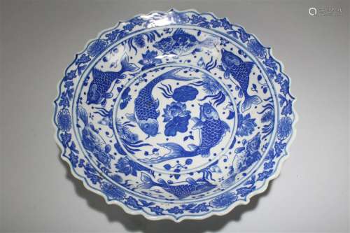 A Chinese Fortune Blue and White Aqua-theme Massive Plate