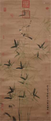 A CHINESE SCROLL PAINTING OF BAMBOOS AND BIRDS