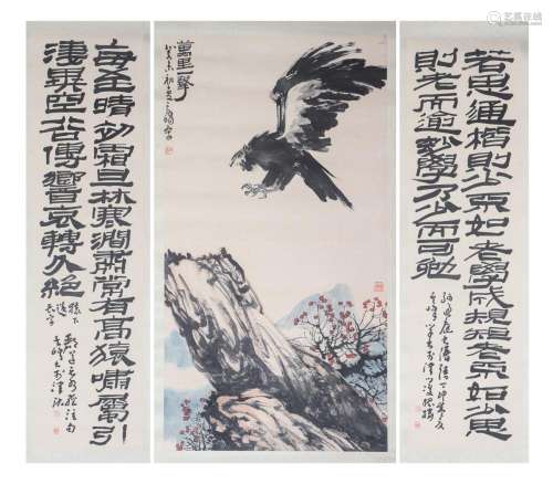 A CHINESE PAINTING OF FLYING EAGLE WITH CALLIGRAPHY