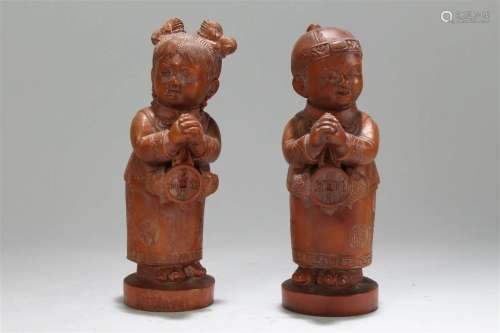 A Pair of Chinese Fortune Joyful-kid Fortune Wooden Statues
