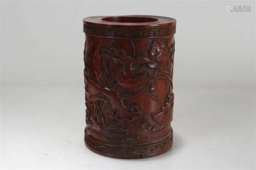 A Chinese Wooden Nature-sceen Fortune Brush Pot