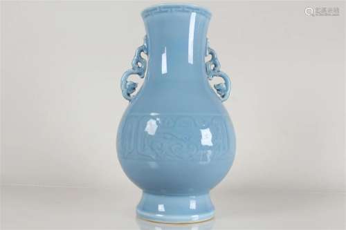 A Chinese Vividly-detailed Duo-handled Blue Porcelain Vase
