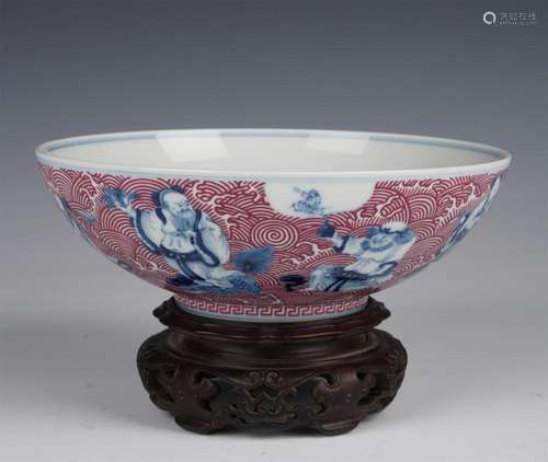 A BLUE AND WHITE UNDERGLAZE RED PORCELAIN BAXIAN BOWL