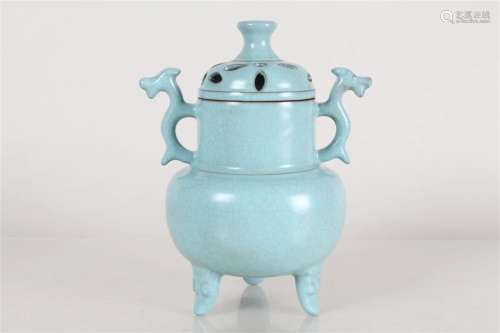 A Chinese Lidded Duo-handled Tri-podded Porcelain Fortune Ce...