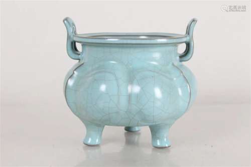 A Chinese Tri-podded Ruyao Duo-handled Porcelain Fortune Cen...