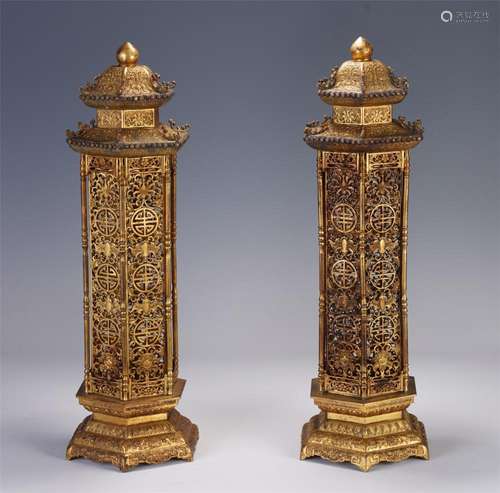 A PAIR OF GILT BRONZE INCENSE PAVILIONS