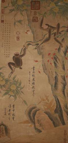 A Chinese Monkey-portrait Nature-sceen Fortune Scroll