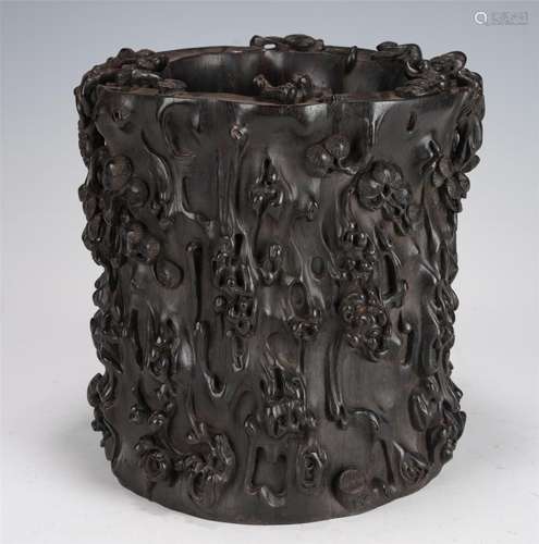 A ZITAN CARVED PLUM BLOSSOM BRUSH POT