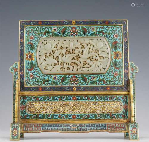 A CLOISONNE ENAMEL INLAID JADE TABLE SCREEN