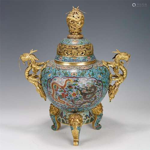 A CLOISONNE ENAMEL DRAGON INCENSE BURNER