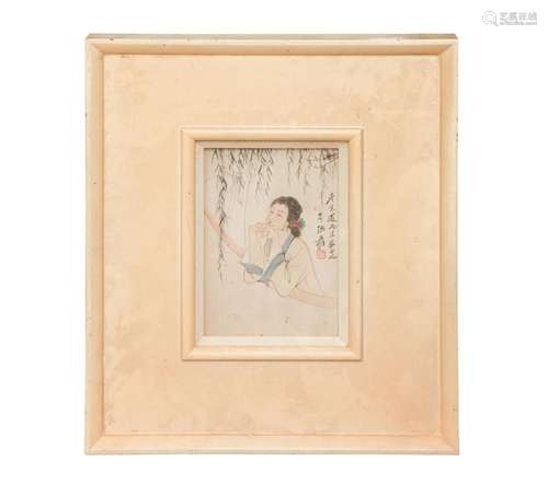 A FRAMED CHINESE PAINTING OF A GIRL