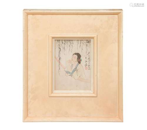 A FRAMED CHINESE PAINTING OF A GIRL