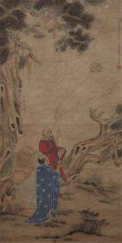 A CHINESE SCROLL PAINTING OF BUDDHAS UNDER PINE TREE