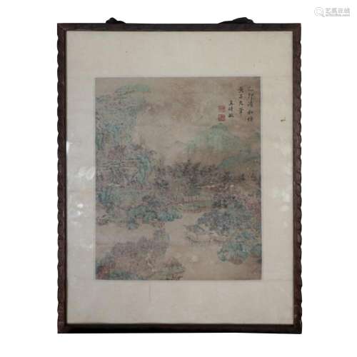 A FRAMED CHINESE PAINTING OF MOUNTAINS