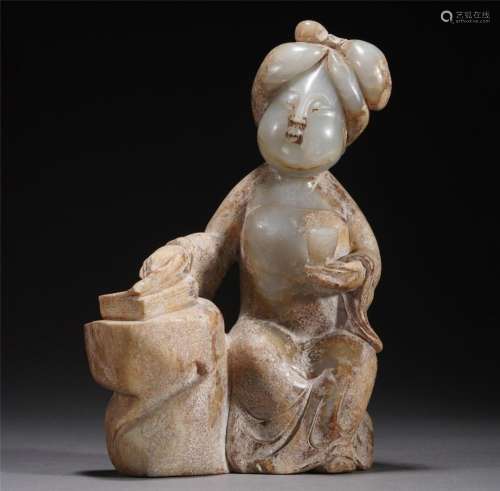 A CARVED JADE SEATED LADY