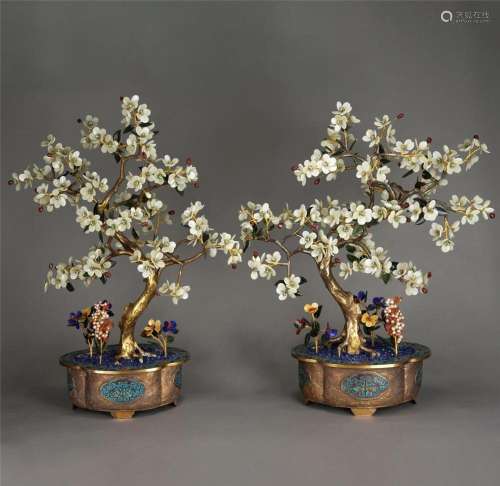 A PAIR OF WHITE JADE AND GEMSTONES POTTED LANDSCAPE