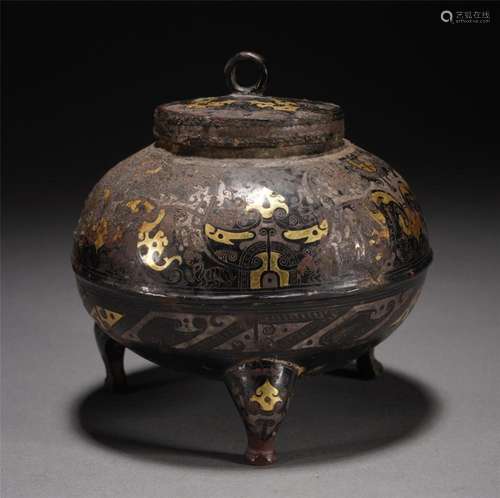 A CHINESE GOLD AND SILVER DECORATED BRONZE CENSER