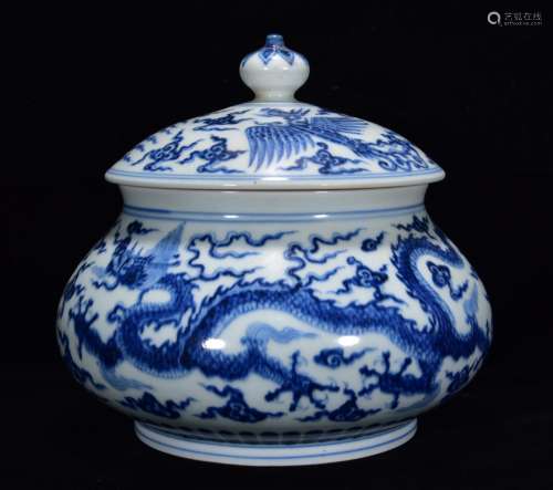 Cover pot 21 * 25 m in blue and white dragons and phoenixes