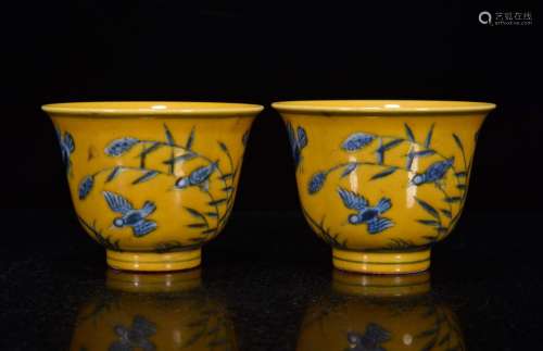 Blue and white flowers and birds in yellow glaze bowl 6 * 8 ...