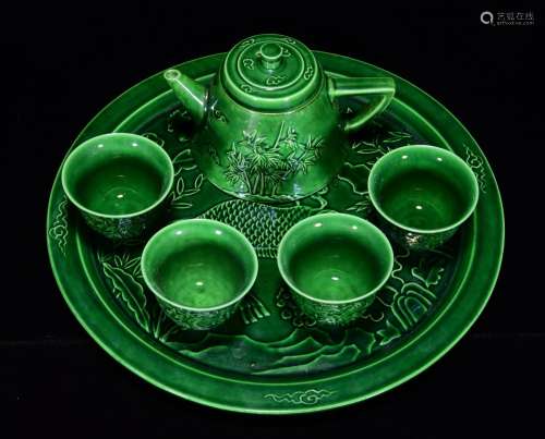 10 * 16 years malachite green glaze sculpture tea set, pot, ...