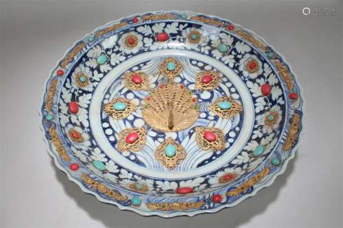 A Chinese Peacock-fortune Blue and White Massive Porcelain P...