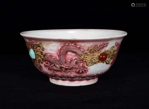 Years youligong red gold inlaid stone bowl of 9 * 18 m