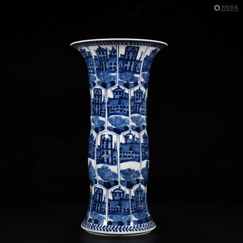 A castle in the blue and white flower vase with export porce...