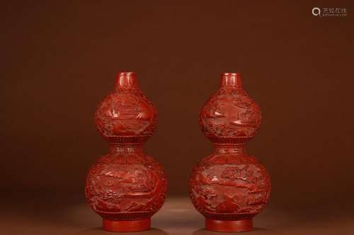 : carved lacquerware landscape pattern gourd bottle a pairSi...