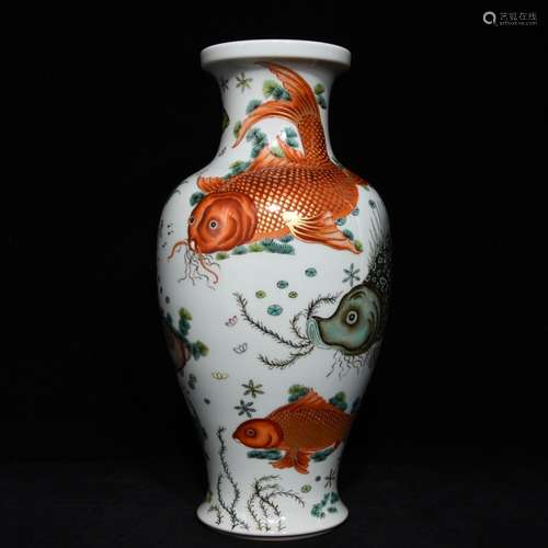 Yongzheng grass grain powder enamel fish bottle33.5 diameter...