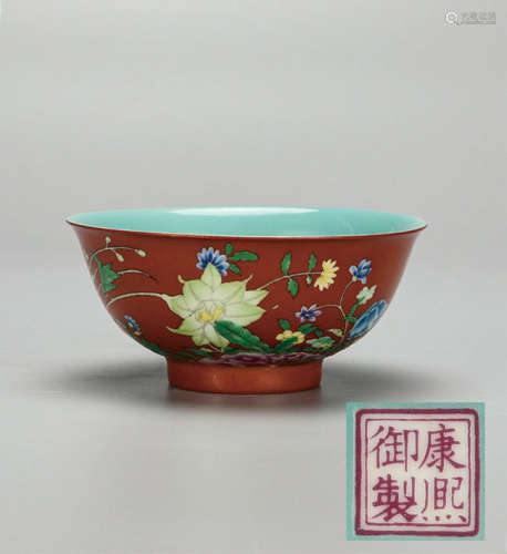 珐琅彩矾红地花卉纹碗