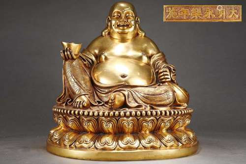 大明永乐精铸紫铜胎鎏金弥勒佛坐像