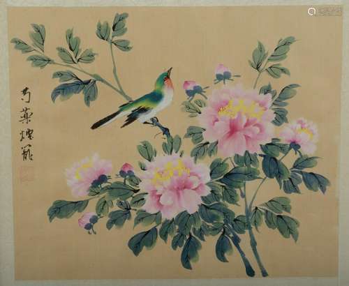 Chinese Silk Painting Green Bird with Pink Flowers Signed Vi...