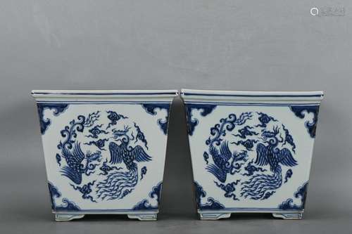 TWO CHINESE BLUE-AND-WHITE CENSERS DEPICTING 'PHOENIX ME...