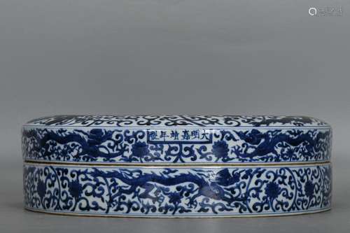 CHINESE BLUE-AND-WHITE BOX DEPICTING 'DRAGON AND LOTUS S...