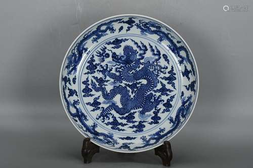 CHINESE BLUE-AND-WHITE CHARGER DEPICTING 'DRAGON', &...