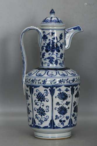 CHINESE BLUE-AND-WHITE EWER DEPICTING 'LOTUS SCROL AND F...