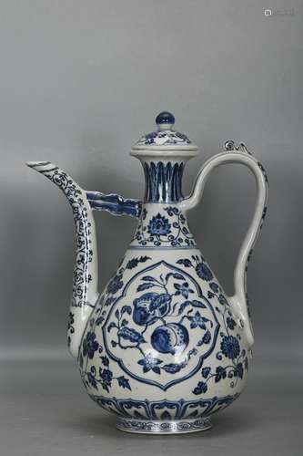 CHINESE BLUE-AND-WHITE EWER DEPICTING 'LOTUS SCROLL'