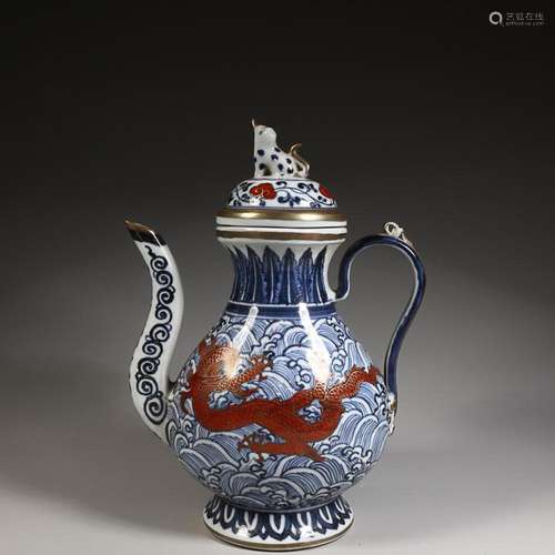 CHINESE BLUE-AND-WHITE IRON-RED ENAMELED EWER DEPICTING '...