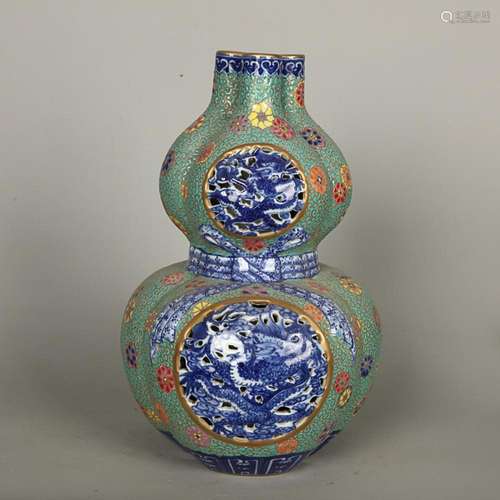 CHINESE GREEN-GROUND BLUE-AND-WHITE DOUBLE-GOURD VASE DEPICT...