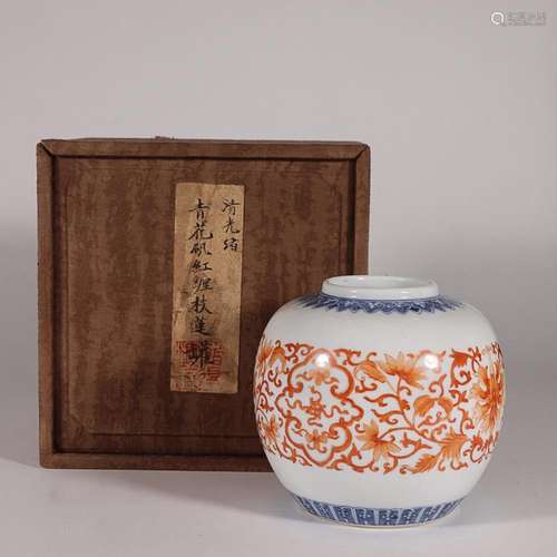 CHINESE BLUE-AND-WHITE IRON-RED ENAMELED JAR DEPICTING '...