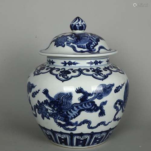 CHINESE BLUE-AND-WHITE JAR DEPICTING 'LION', 'MI...