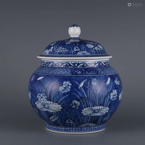 CHINESE BLUE-GROUND BLUE-AND-WHITE COVERED JAR DEPICTING ...