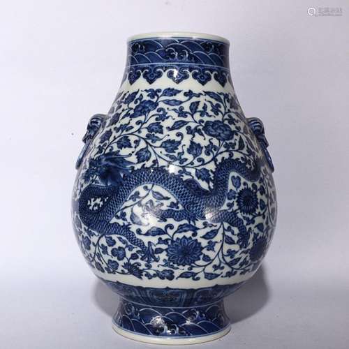 CHINESE BLUE-AND-WHITE BEAST-HANDLED ZUN VASE DEPICTING '...