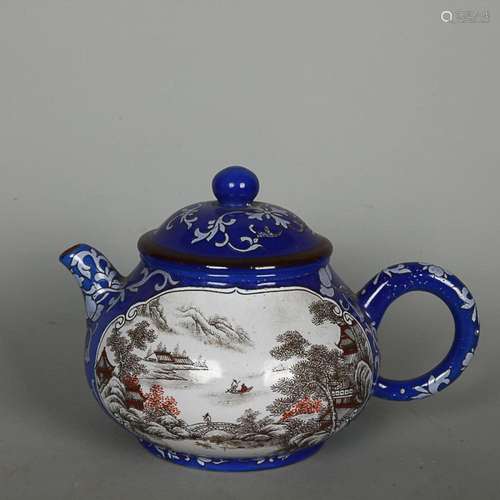 CHINESE FAMILLE-ROSE ZISHA TEAPOT DEPICTING 'LANDSCAPE&#...