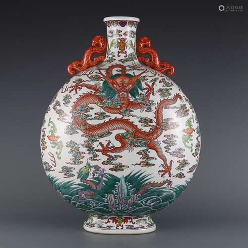 CHINESE DOUCAI HANDLED VASE DEPICTING 'DRAGON AMONG OCEA...