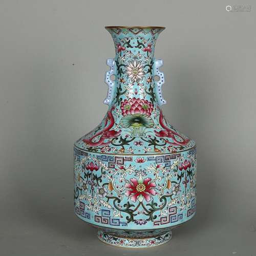 CHINESE PAINTED ENAMEL HANDLED VASE DEPICTING 'FLORAL...