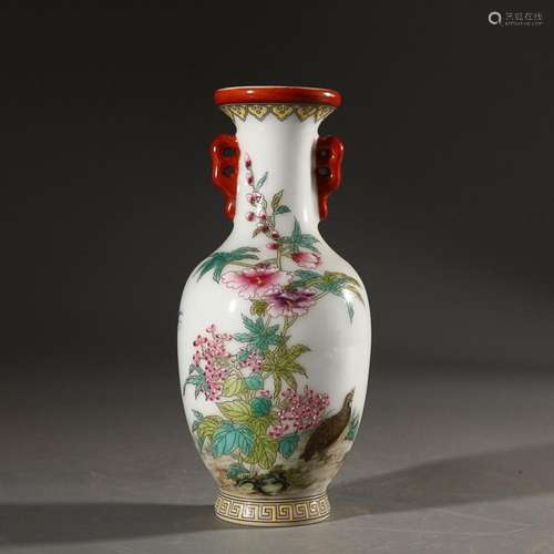 CHINESE FAMILLE-ROSE HANDLED VASE DEPICTING 'BIRD AND FL...