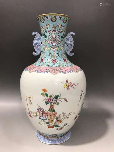 CHINESE FAMILLE-ROSE HANDLED VASE DEPICTING 'ANCIENT ART...